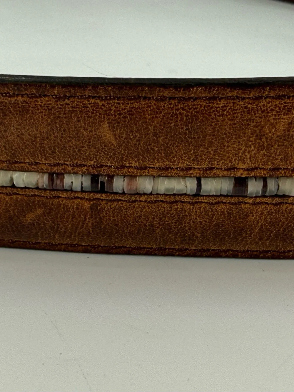 Vintage‎ Brighton Brown Leather Mother of Pearl Beaded Belt 38